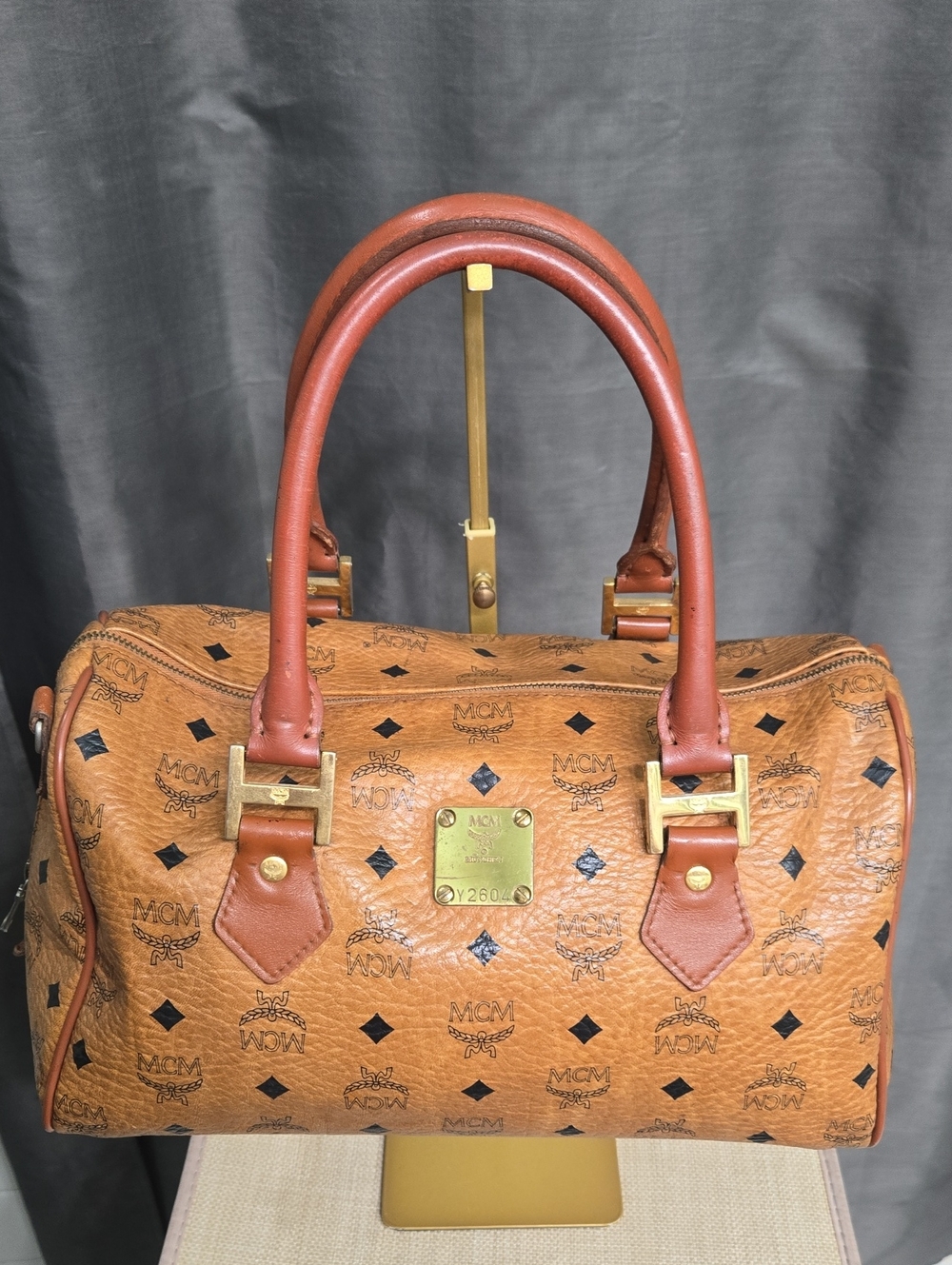 MCM Cognac Visetos Satchel with Gold Plaque